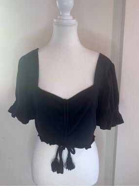 FP Beach Free People Black Puff Sleeve Sweetheart Crop Top Boho